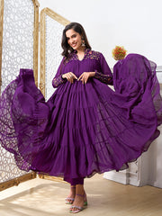 Floral Embroidered Mandarin Collar Tiered Thread Work A-Line Kurta with Trousers