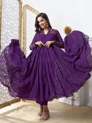 Floral Embroidered Mandarin Collar Tiered Thread Work A-Line Kurta with Trousers