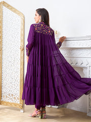 Floral Embroidered Mandarin Collar Tiered Thread Work A-Line Kurta with Trousers