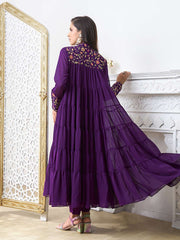 Floral Embroidered Mandarin Collar Tiered Thread Work A-Line Kurta with Trousers