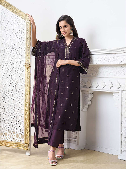 Floral Embroidered V-Neck Sequinned Velvet Straight Kurta With Trousers & Dupatta