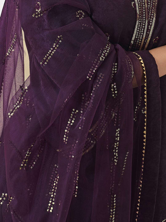 Floral Embroidered V-Neck Sequinned Velvet Straight Kurta With Trousers & Dupatta