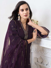 Floral Embroidered V-Neck Sequinned Velvet Straight Kurta With Trousers & Dupatta
