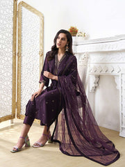 Floral Embroidered V-Neck Sequinned Velvet Straight Kurta With Trousers & Dupatta