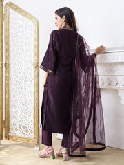 Floral Embroidered V-Neck Sequinned Velvet Straight Kurta With Trousers & Dupatta