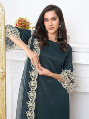 Women Regular Thread Work Velvet Kurta with Trousers & With Dupatta