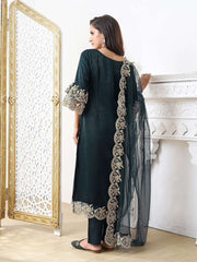 Women Regular Thread Work Velvet Kurta with Trousers & With Dupatta