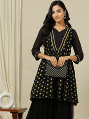 Polka Dot Embroidered V-Neck Pleated Georgette A-Line Kurta With Sharara