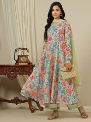 Green Floral Printed V-Neck Kurta with Palazzo & Dupatta