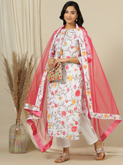 Off White Floral Printed Straight Kurta with Palazzo & Dupatta