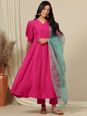 Pink V-Neck Puff Sleeves A-Line Kurta with Trousers & Dupatta