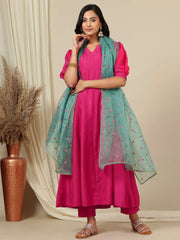 Pink V-Neck Puff Sleeves A-Line Kurta with Trousers & Dupatta