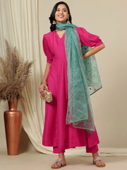 Pink V-Neck Puff Sleeves A-Line Kurta with Trousers & Dupatta
