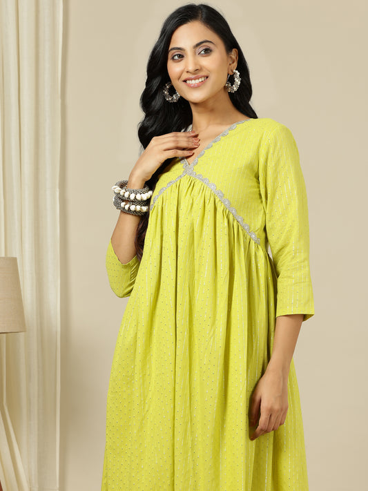 Yellow Striped V-Neck Thread Work Empire Pure Cotton A-Line Kurta with Palazzo