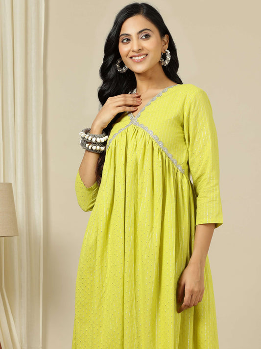 Yellow Striped V-Neck Thread Work Empire Pure Cotton A-Line Kurta with Palazzo