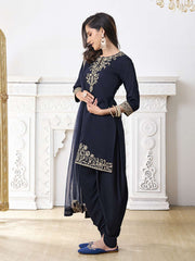 Ethnic Motifs Embroidered Keyhole Neck Kurta With Dhoti Pants And Dupatta