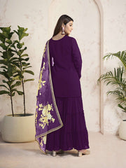 Ethnic Motifs Embroidered Sequinned Georgette Straight Kurti With Sharara & Dupatta