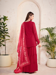 Ethnic Motifs Embroidered Sequinned Georgette Straight Kurti With Sharara & Dupatta