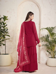 Ethnic Motifs Embroidered Sequinned Georgette Straight Kurti With Sharara & Dupatta