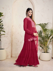Ethnic Motifs Embroidered Sequinned Georgette Straight Kurti With Sharara & Dupatta