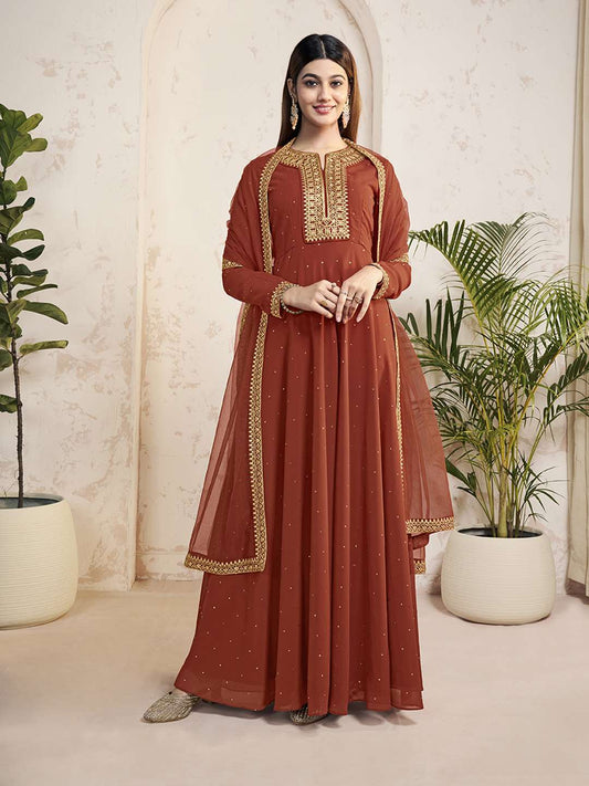Floral Mukaish Embroidered Floral Georgette Notch-Neck Anarkali Kurta With Dupatta