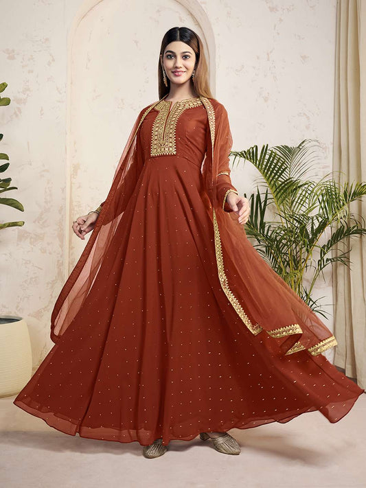 Floral Mukaish Embroidered Floral Georgette Notch-Neck Anarkali Kurta With Dupatta