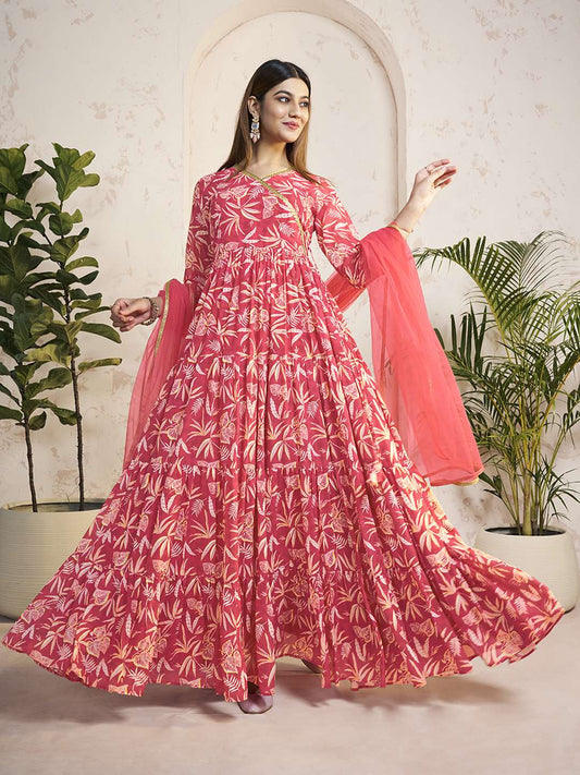 Floral Printed V-Neck Georgette Angrakha A-Line Kurta