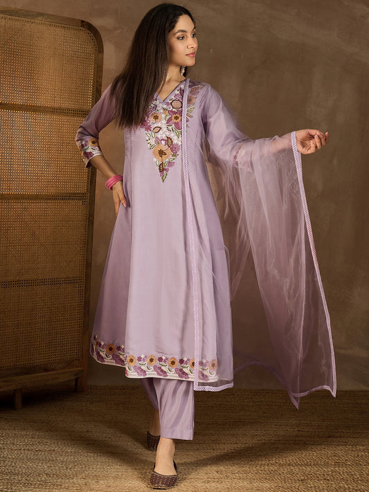 Floral Embroidered Thread Work V-Neck A-Line Kurta with Trousers & Dupatta
