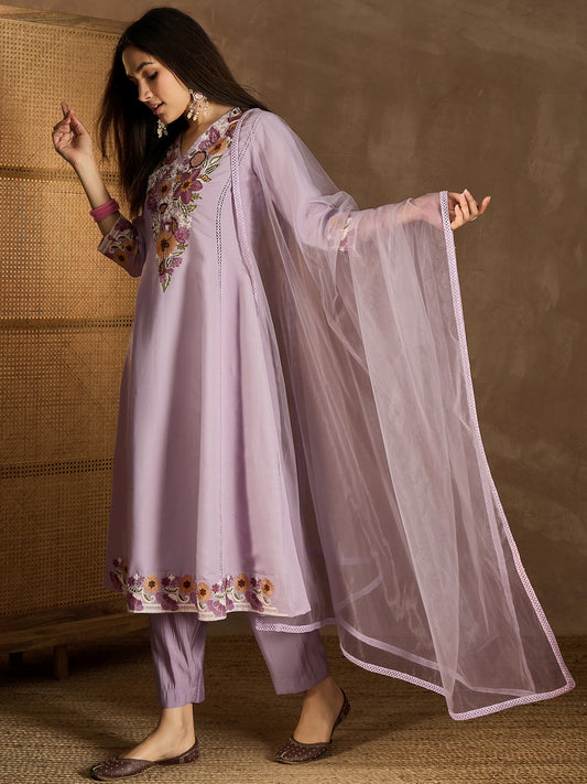 Floral Embroidered Thread Work V-Neck A-Line Kurta with Trousers & Dupatta