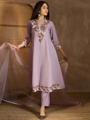 Floral Embroidered Thread Work V-Neck A-Line Kurta with Trousers & Dupatta