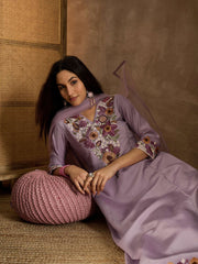 Floral Embroidered Thread Work V-Neck A-Line Kurta with Trousers & Dupatta