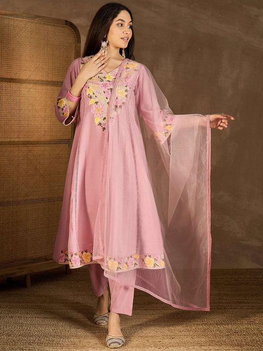 Women Floral Embroidered Panelled Thread Work Kurta with Trousers & With Dupatta