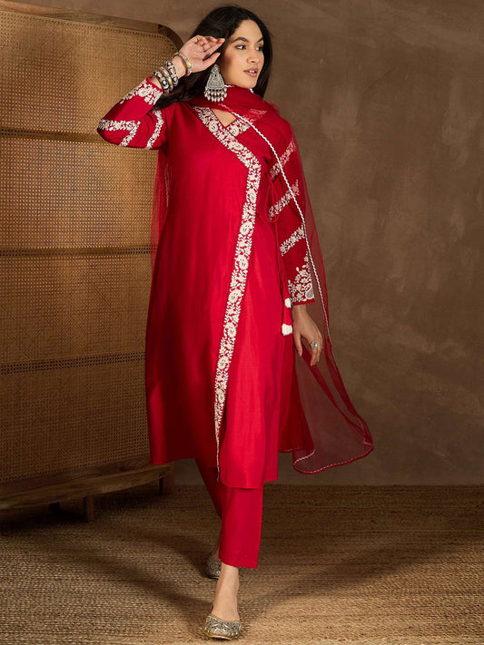 Women Floral Embroidered Angrakha Thread Work Kurta with Trousers & With Dupatta
