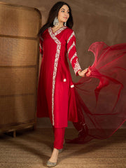 Women Floral Embroidered Angrakha Thread Work Kurta with Trousers & With Dupatta