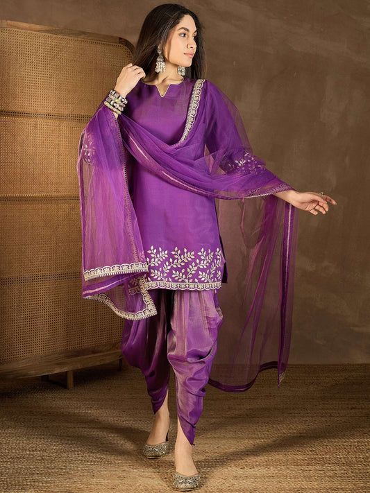 Floral Embroidered Notch Neck Sequinned Kurta With Dhoti Pants & Dupatta