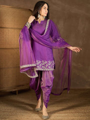 Floral Embroidered Notch Neck Sequinned Kurta With Dhoti Pants & Dupatta