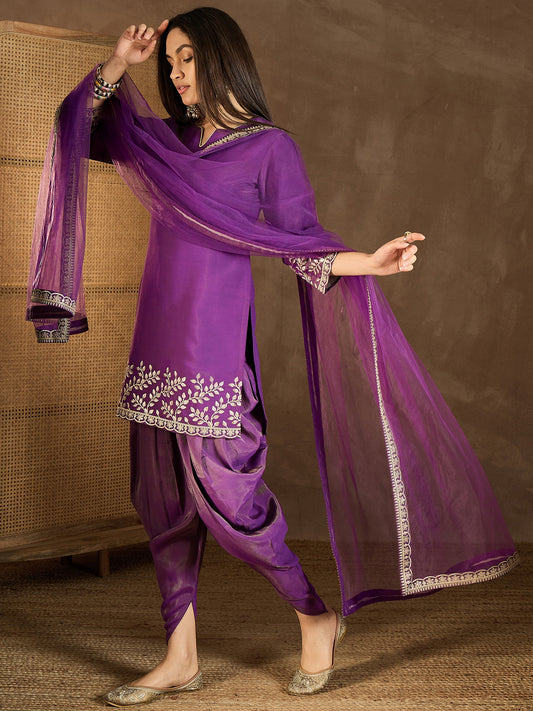 Floral Embroidered Notch Neck Sequinned Kurta With Dhoti Pants & Dupatta