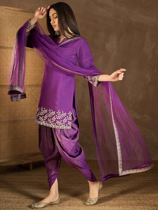 Floral Embroidered Notch Neck Sequinned Kurta With Dhoti Pants & Dupatta