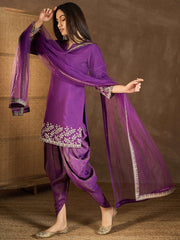 Floral Embroidered Notch Neck Sequinned Kurta With Dhoti Pants & Dupatta