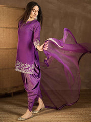 Floral Embroidered Notch Neck Sequinned Kurta With Dhoti Pants & Dupatta
