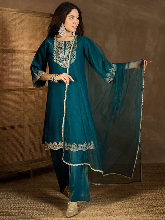 Floral Sequinned Embroidered Round Neck Kurta with Palazzos & Dupatta