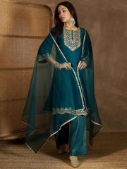 Floral Sequinned Embroidered Round Neck Kurta with Palazzos & Dupatta