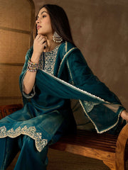 Floral Sequinned Embroidered Round Neck Kurta with Palazzos & Dupatta