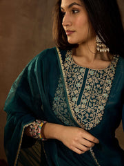 Floral Sequinned Embroidered Round Neck Kurta with Palazzos & Dupatta