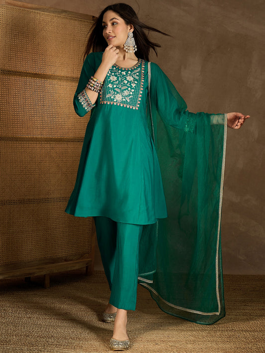 Yoke Design Embroidered Thread Work Kurta With Trousers And Dupatta