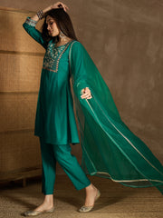 Yoke Design Embroidered Thread Work Kurta With Trousers And Dupatta