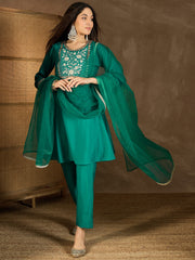 Yoke Design Embroidered Thread Work Kurta With Trousers And Dupatta