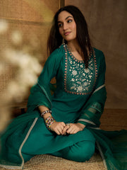 Yoke Design Embroidered Thread Work Kurta With Trousers And Dupatta