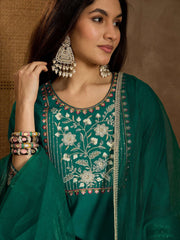 Yoke Design Embroidered Thread Work Kurta With Trousers And Dupatta