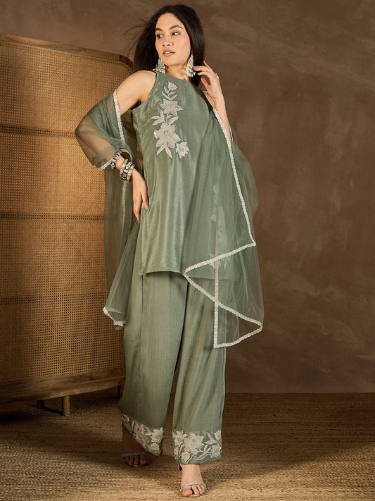 Floral Embroidered Round Neck Sequinned Straight Kurta With Palazzos & Dupatta